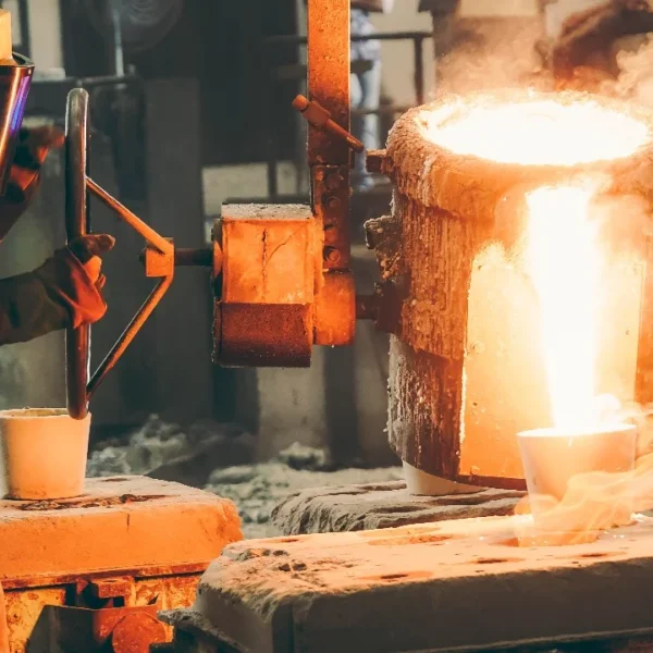 Metalworker pouring molten steel into a sand casting mould