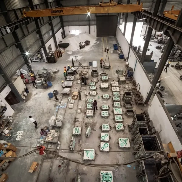 Overhead view of a large-scale metal casting foundry floor